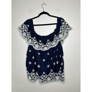 Maurice Navy Ruffle Eilet Lace Embroidered Off Shoulder Blouse Boho Size 2